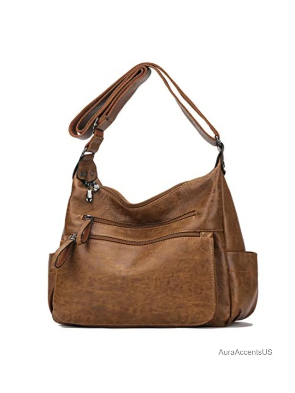 Brown Faux Leather Hobo Bag - Casual Everyday Shoulder Bag